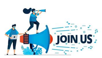 Vector illustration of join us program for employee recruitment at new normal and pandemic. Worker hire announcements. Design can be used for landing page, website, mobile app, poster, flyers, banner
