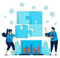 Vector illustration of solving problem in business when covid-19 pandemic. Puzzle game to teamwork and leadership. Design can be used for landing page, website, mobile app, poster, flyers, banner