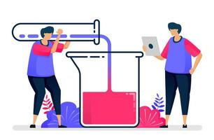 Ilustración de vector plano del experimento con tubos de ensayo y vasos de precipitados. aprendizaje y estudio de la química. diseño para la salud. se puede utilizar para páginas de destino, sitios web, web, aplicaciones móviles, carteles, folletos