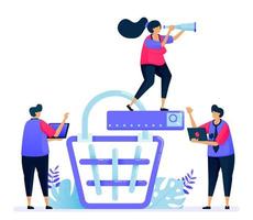 ilustración vectorial para la búsqueda de carrito de compras de productos en línea. comercio electrónico y pago en el mercado. se puede utilizar para páginas de destino, sitios web, web, aplicaciones móviles, carteles, folletos vector