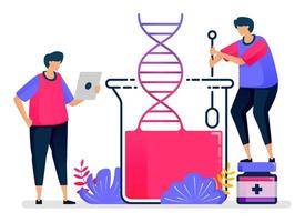 Flat vector illustration of dna experiments with glass chemistry. Biology and genetics learning. Design for healthcare. Can be used for landing page, website, web, mobile apps, posters, flyers