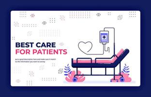 Ilustración de vector de página de destino de la mejor atención para los pacientes. reserva de cama de hospital con infusión y manguera de amor. se puede utilizar para el sitio web web aplicaciones móviles poster flyer background element banner template