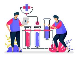 Flat vector illustration of chemistry experiments with test tubes for health learning and education. Design for healthcare. Can be used for landing page, website, web, mobile apps, posters, flyers