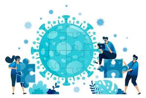 Vector illustration of teamwork and brainstorming to solve problems and find solutions during the covid-19 virus pandemic. Symbol of collaboration, virus, puzzle. Landing page, web, website, banner