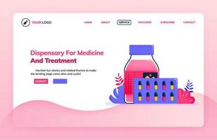 Plantilla de ilustración de página de destino del dispensario de medicamentos y tratamientos. medicamentos para servicios de salud. temas de salud. se puede utilizar para páginas de destino, sitios web, web, aplicaciones móviles, carteles, folletos vector