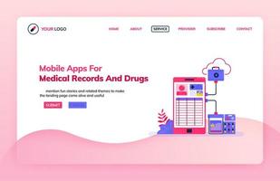 Plantilla de ilustración de página de destino de aplicaciones móviles para registros médicos y medicamentos. tecnología del sistema hospitalario. temas de salud. se puede utilizar para páginas de destino, sitios web, web, aplicaciones móviles, carteles, folletos vector