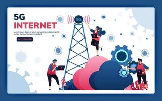 Landing page vector illustration of 5g infrastructure and internet network connections for activities and work during covid-19 virus pandemic. Symbol of cloud, engine, hosting. Web, website, banner