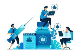 Cannabis and marijuana illustrations for research for health. Ganja is health commodities, drug, oils and herbs. Can be used for landing page, website, web, mobile apps, flyer banner, template, poster