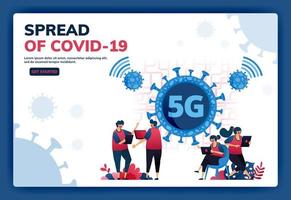 Ilustración de vector de página de destino de conexión a Internet 5g para apoyar actividades durante la pandemia del virus covid-19. símbolos e iconos de virus, redes, wifi, conexiones. web, sitio web, banner