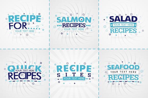 Blue cooking book set for food and recipe magazines. Restaurant menu titles or badges for food stores and restaurants. Minimalist design for recipe banners