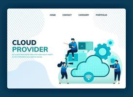 Landing page vector illustration for cloud provider for network, internet connection, communication, hosting server, data center. Design can be used for template, ui ux, web, website, banner, flyer