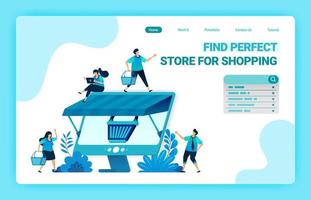 página de inicio del comercio electrónico en línea con una metáfora de carrito de compras y un monitor con techo. tiendas online mayoristas y minoristas. plantilla de diseño de ilustración vectorial para web, sitios web, sitio, banner, flyer vector