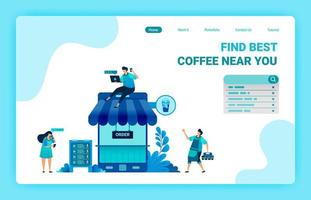 Landing page of coffee shop with phone and roof. Coffee shop metaphor 4.0 with internet. Coffee bar mobile apps to buy positive review. Vector design template for web, websites, site, banner, flyer