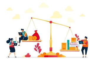 Burden of education costs which are metaphor by scales, books and coins or money. High-cost education, investing in education. Vector illustration for website, mobile apps, banner, template, poster