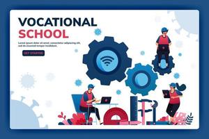 Landing page vector illustration of vocational education scholarships and e-learning to support human resources during the covid-19 virus pandemic. Symbols of machines tools. Web, website, banner