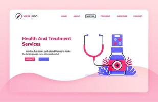 Plantilla de ilustración de página de destino del servicio general de salud y tratamiento para hospitales, clínicas y dispensarios. temas de salud. se puede utilizar para páginas de destino, sitios web, web, aplicaciones móviles, carteles, folletos vector