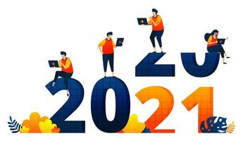 Año nuevo de 2020 a 2021 con tema de empleados de oficina sin vacaciones. El concepto de ilustración vectorial se puede utilizar para la página de destino, plantilla, ui ux, web, aplicación móvil, póster, pancarta, sitio web, folleto vector
