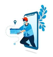 Vector illustration of delivery service application with health protocol. Food courier for delivery at the covid-19 pandemic. Can be used for website, web, mobile apps, flyer banner, template poster