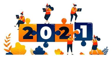 New years of 2020 to 2021 with theme of puzzle game, leadership and teamwork. Vector illustration concept can be use for landing page, template, ui ux, web, mobile app, poster, banner, website, flyer