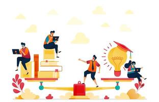 Balance between reading and ideas. Stacks of books and light bulbs for inspiration and education. Graduated from university. Vector illustration for website, mobile apps, banner, template, poster