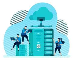Vector illustration template for database management system for data storage, backup, hosting, server, cloud service provider. Design can be used for landing page, ui ux, web, website, banner, flyer
