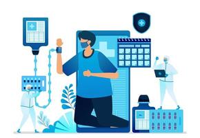 Vector illustration of mobile healthcare application with health protocols. Doctors and medics who use PPE. Can be used for landing page, website, web, mobile apps, flyer banner, template, poster