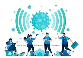 Vector illustration of social distancing and new normal protocols for work and activities during a pandemic. Symbol icon for virus, radar, signal, network and wifi of covid-19. Landing page, web, apps