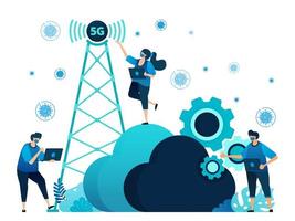 Vector illustration of 5g infrastructure and internet network connections for activities and work during covid-19 virus pandemic. Symbol of cloud, engine, hosting. Landing page, web, website, banner