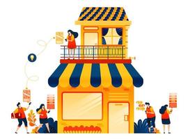 vender en línea con servicio de entrega de comercio electrónico. shophouse con apartamento. El concepto de ilustración vectorial se puede utilizar para, página de destino, plantilla, ui ux, web, aplicación móvil, póster, pancarta, sitio web, folleto vector