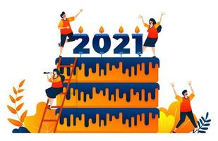 cuenta regresiva de 2020 a 2021 con tema de pastel de celebración de año nuevo con vela. El concepto de ilustración vectorial se puede utilizar para la página de destino, plantilla, ui ux, web, aplicación móvil, póster, banner, sitio web vector