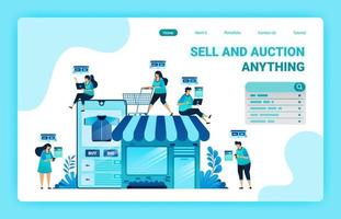 Landing page of shopping and spending money with e-commerce apps. Have your own shop with e-commerce. Find right item with online shop. Graphic design template for web, websites, site, banner, flyer vector