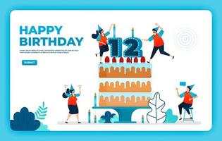 12th birthday vector illustration with health protocol. happy quarantine birthday party. birthday sign. online birthday card. For website, web, landing page, banner, mobile apps, UI UX, poster, flyer