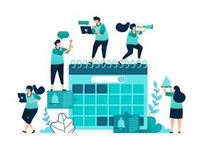 vector illustration of agenda in calendar. manage scheduling and planning work timeliness deadlines. group of women and men workers. designed for website, web, landing page, apps, ui ux, poster, flyer