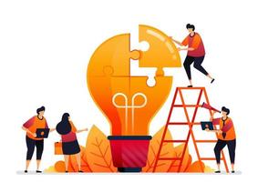 Vector illustration of solve problems and find solutions with teamwork. Share ideas with brainstorming. Graphic design for landing page, web, website, mobile apps, banner, template, poster, flyer