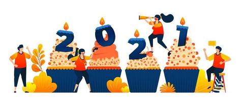 Countdown of 2020 to 2021 with theme of cupcakes to celebrate new year with candle. Vector illustration concept can be use for landing page, template, ui ux, web, mobile app, poster, banner, website