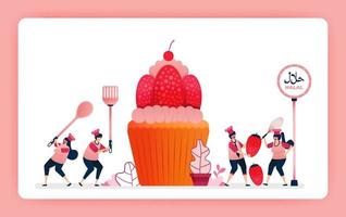 Ilustración de comida de cupcakes de fresa dulce halal de cocinero. Cocine bocadillos de obleas de chocolate para cubrir los muffins. El diseño se puede utilizar para sitios web, sitios web, páginas de destino, banners, aplicaciones móviles, ui ux, carteles, folletos. vector