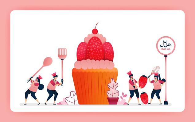 Food illustration of cook halal sweet strawberry cupcakes. Cook chocolate wafer snacks for muffin topping. Design can use for website, web, landing page, banner, mobile apps, ui ux, poster, flyer