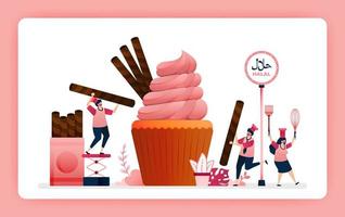 halal food menu illustration of sweet strawberry cupcake. Cook chocolate wafer snacks for muffin topping. Design can use For website, web, landing page, banner, mobile apps, UI UX, poster, flyer vector