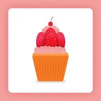 Illustration of cupcake with strawberry whip cream. Fresh strawberries and double frosting. Strawberry icing cake. Design can be for books, flyer, poster, website, web, apps, landing pages, cookbook vector