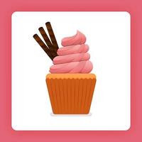 Illustration of cupcake with strawberry cream topped with chocolate wafer twisters. Strawberry frosting topping. Design can be for books, flyer, poster, website, web, apps, landing page, cookbook vector