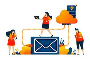 People access email storage and backups on a cloud network system technology. Vector illustration concept can be use for landing page, template, ui ux, web, mobile app, poster, banner, website, flyer