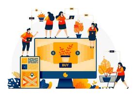Illustration of shop and find plants at best prices. E-commerce and delivery services with mobile apps. Looking for monstera plants online. Landing page template for web, websites, site, banner, flyer vector