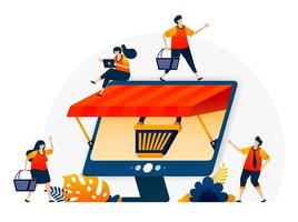 Ilustración del comercio electrónico en línea con una metáfora de carrito de compras y un monitor con techo. tiendas online mayoristas y minoristas. plantilla de diseño vectorial para página de destino, web, sitios web, sitio, banner, volante vector