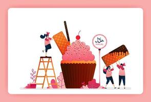 halal food menu illustration of sweet strawberry cupcake. Muffin with snack waffle, chocolate stick and wafer. Design can use For website, web, landing page, banner, mobile apps, UI UX, poster, flyer vector