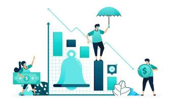 vector illustration of bell in chart financial analysis. notifications reminders up and down in market stock. women and men workers. designed for website, web, landing page, apps, ui ux, poster, flyer