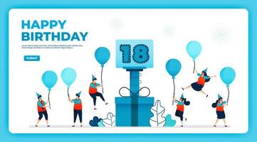 18th birthday vector illustration with health protocol. happy quarantine birthday party. birthday sign. online birthday card. For website, web, landing page, banner, mobile apps, UI UX, poster, flyer