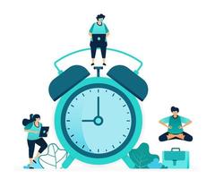 vector illustration of setting alarm clock to wake up in morning. Scheduling and plan notification alerts. women and men workers. designed for website, web, landing page, apps, ui ux, poster, flyer