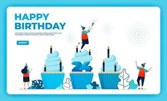 Ilustración de vector de 24 cumpleaños con protocolo de salud. feliz fiesta de cumpleaños en cuarentena. cartel de cumpleaños. tarjeta de cumpleaños online. para sitio web, web, página de destino, banner, aplicaciones móviles, ui ux, póster, folleto