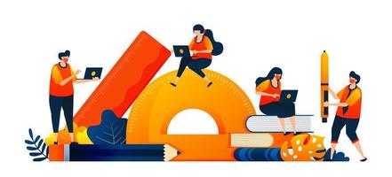 los estudiantes se sientan en la papelería mientras estudian. equipo de aprendizaje en clase. El concepto de ilustración vectorial se puede utilizar para la página de destino, plantilla, ui ux, web, aplicación móvil, póster, pancarta, sitio web, folleto vector