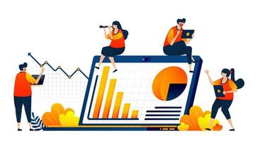 personas que cumplen con el desempeño de la empresa con cuadros financieros e informes gráficos. El concepto de ilustración vectorial se puede utilizar para la página de destino, plantilla, ui ux, web, aplicación móvil, póster, pancarta, sitio web, folleto vector